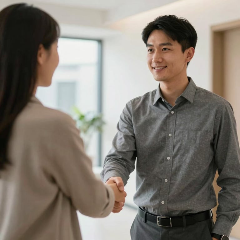 A professional property manager in a grey shirt shaking hands with a tenant in a bright hallway.