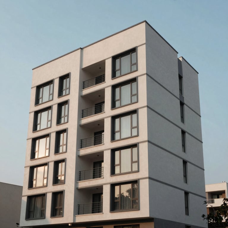 A modern South Asian residential building with clean lines and large windows under a soft blue sky.