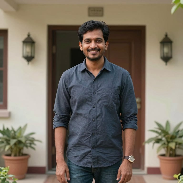 A smiling South Asian homeowner standing in front of a well-maintained apartment entrance.