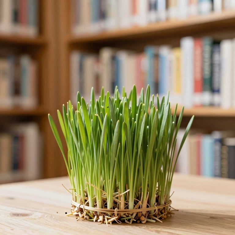 Fresh green wheatgrass growing on a wooden table in front of a blurred library bookshelf.