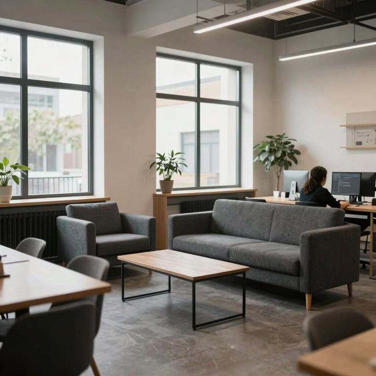 A bright, airy Global / Western co-working space with large windows and charcoal grey furniture, emphasizing a professional atmosphere.