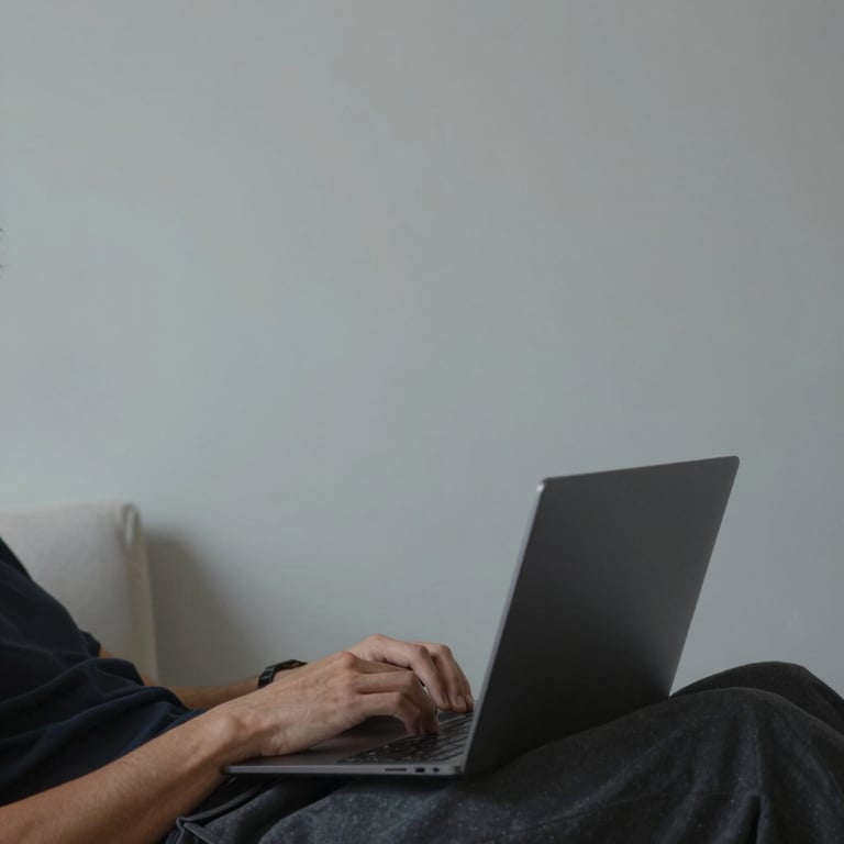 A serene home environment in a Global / Western city, featuring a person relaxing with a laptop, with pale mist grey walls.