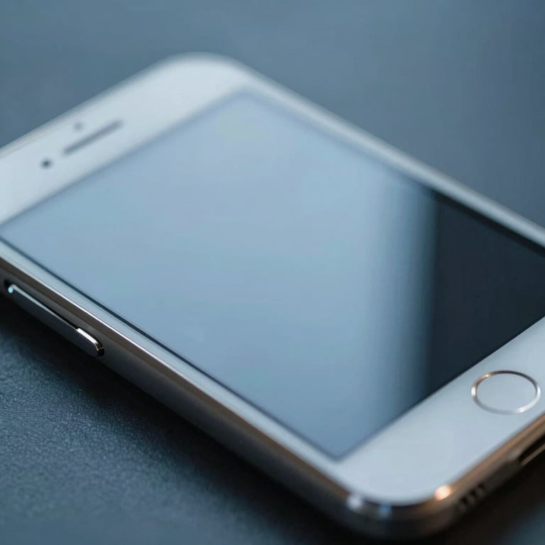 A detailed macro shot of a sleek glass-and-metal device screen in a modern setting with soft steel blue lighting.