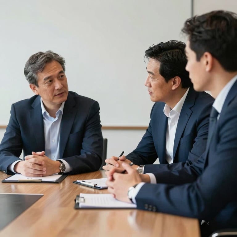 Two professionals in a Global / Western boardroom discussing strategy, with a clean and trustworthy aesthetic in deep navy blue tones.