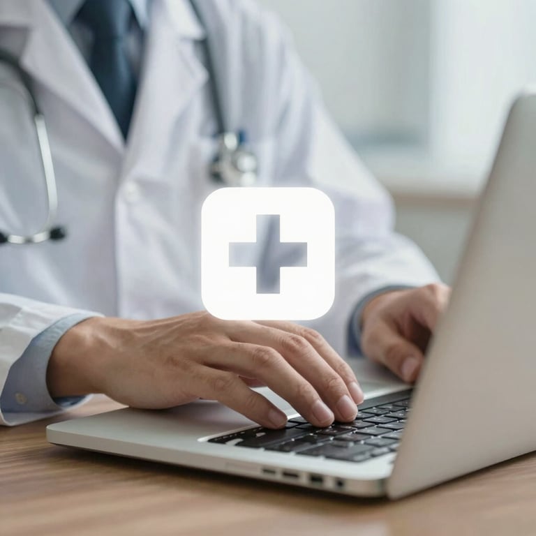 Close-up of a doctor's hand typing on a laptop with a medical icon, professional lighting.