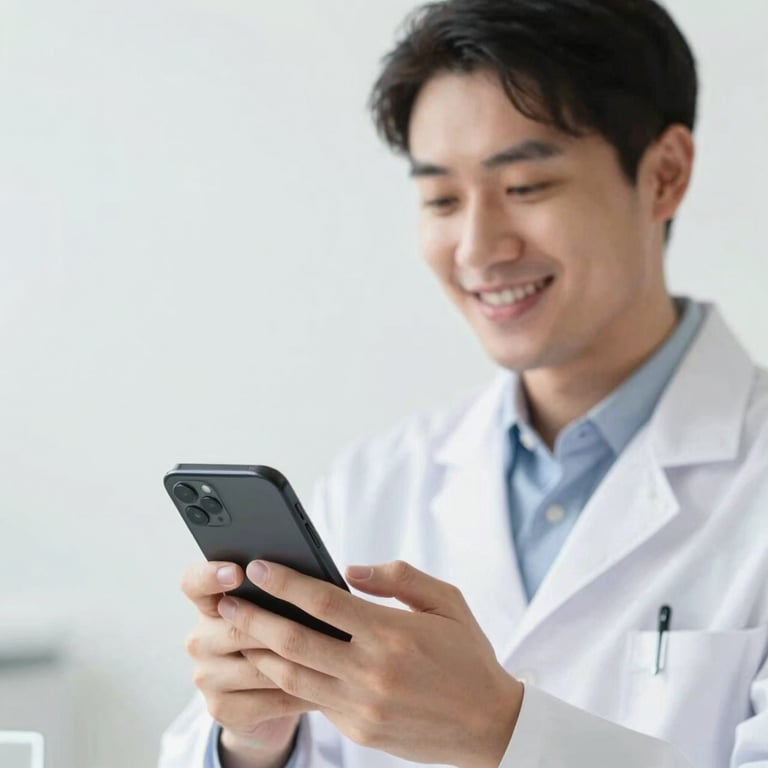A patient smiling while using a smartphone for a medical consultation, bright #F2F6F7 background.