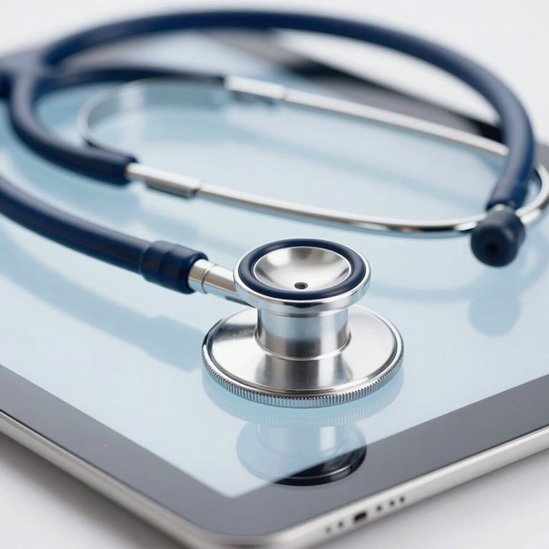 A stethoscope resting on a tablet computer representing digital medicine, with #0C2B3C accents.