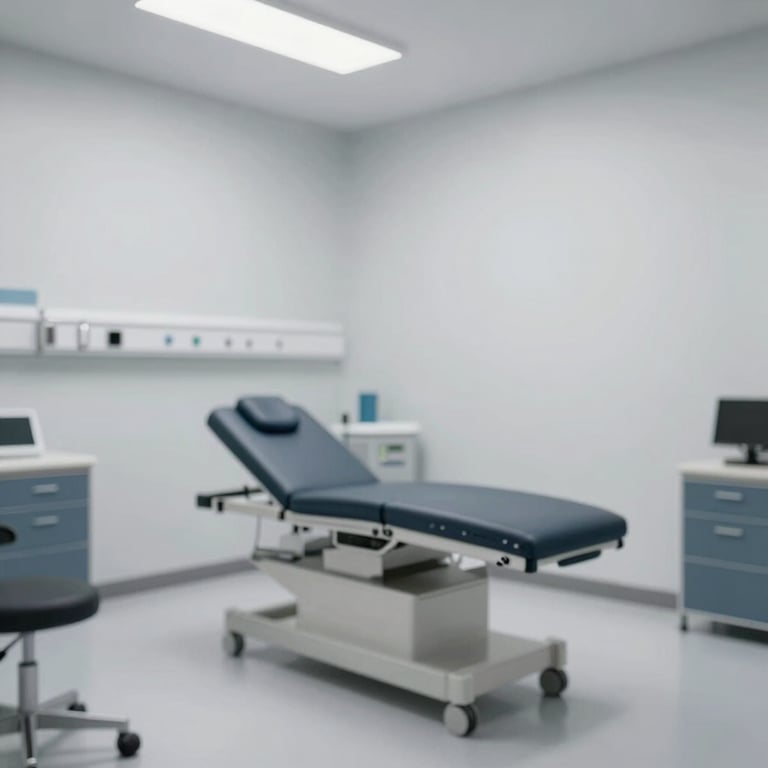 A clean, minimalist medical consultation room with modern furniture in #0C2B3C and #F2F6F7.