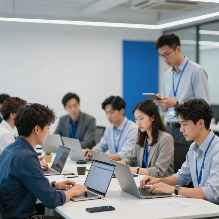 A group of diverse professionals working in a tech-focused office environment with blue brand accents.