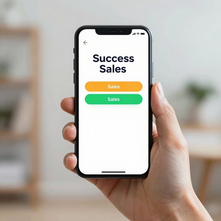 A hand holding a smartphone showing a successful sales notification, modern and crisp style.