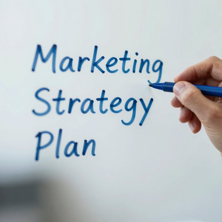 Detailed macro shot of a marketing strategy plan on a glass wall with blue marker writing.