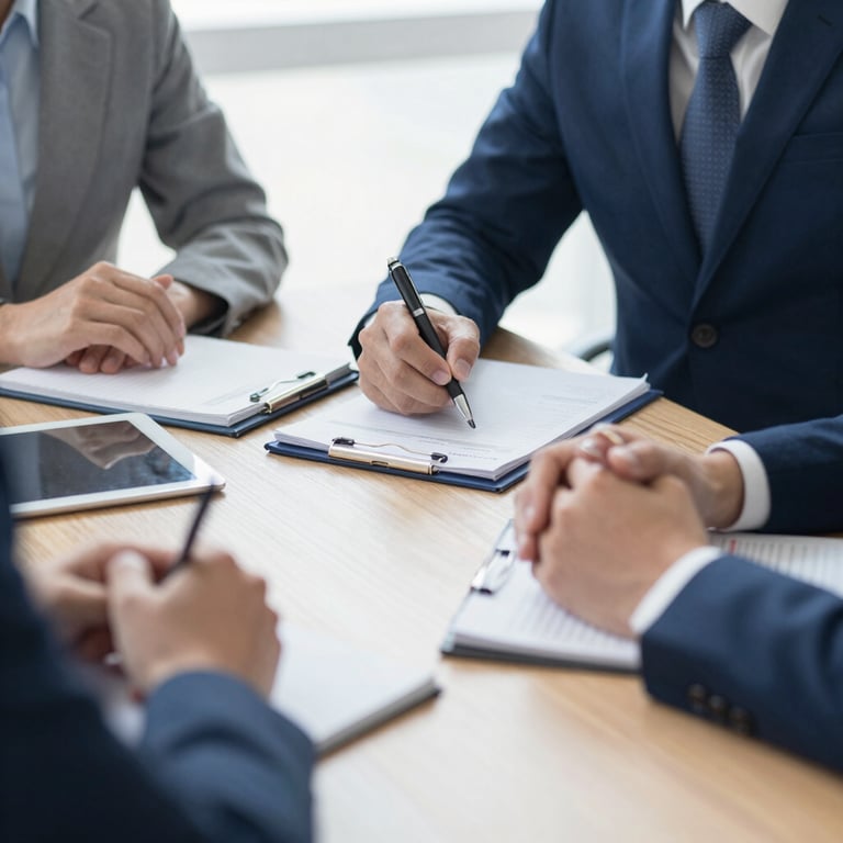 A close-up of a professional business meeting discussing strategy, with notebooks and tablets on a wooden table, tones of #243441.