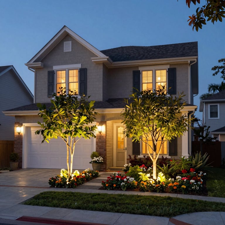 Close-up of a modern pergola with integrated landscape lighting glowing warmly at dusk.