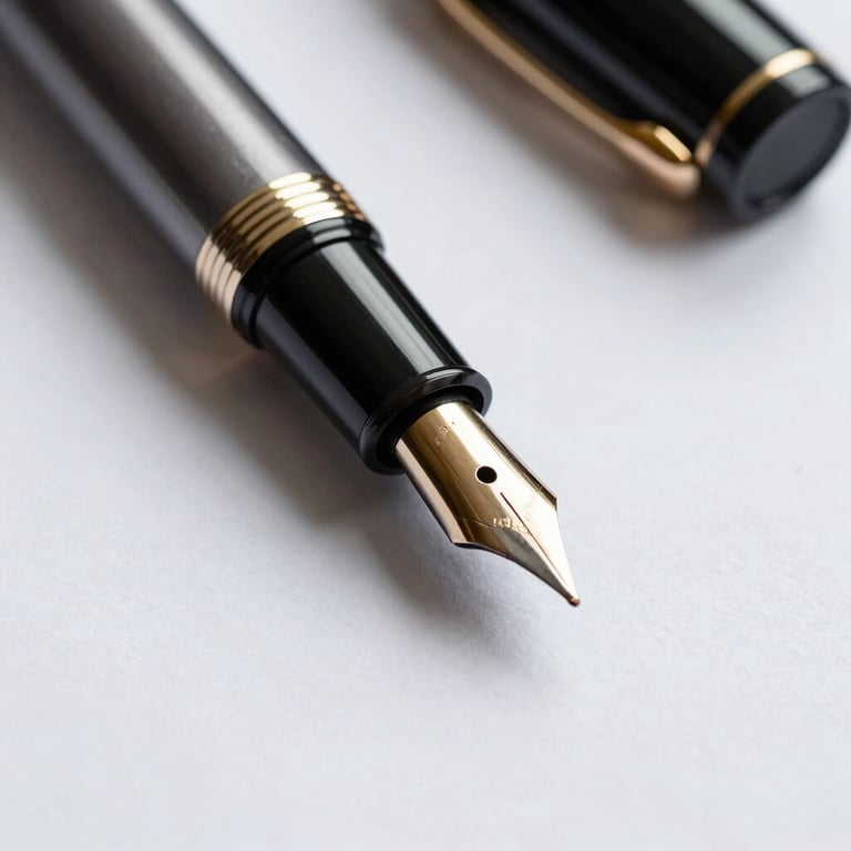 A macro shot of a fountain pen resting on a crisp white document, conveying authority.