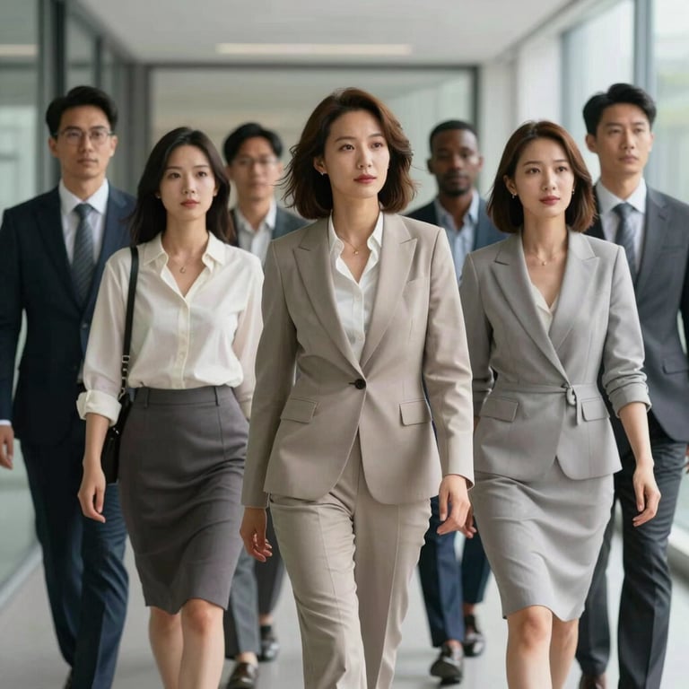 A group of diverse professionals in neutral, elegant business attire walking through a pearl grey corridor.