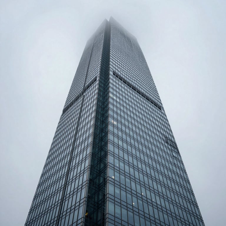 A low-angle shot of a modern glass skyscraper reflecting a clear mist grey sky.