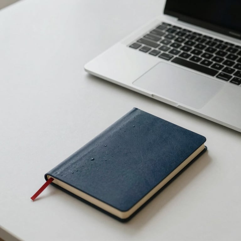 A minimalist desk setup with a pearl grey laptop and a deep navy notebook on a clean surface.