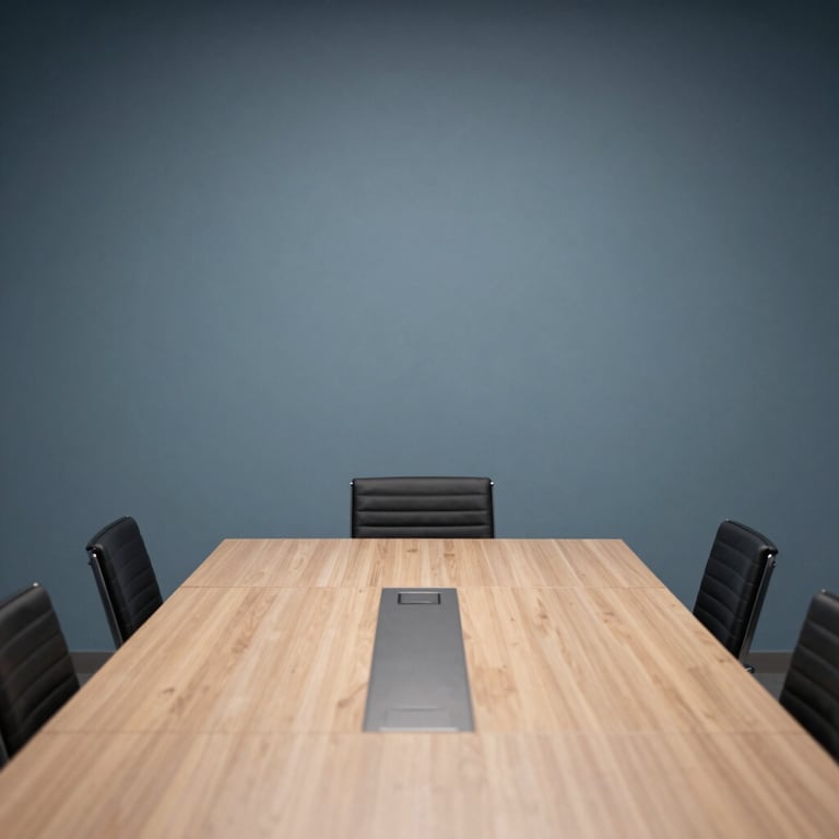 A clean conference table in a muted slate blue room with sharp, professional lighting.