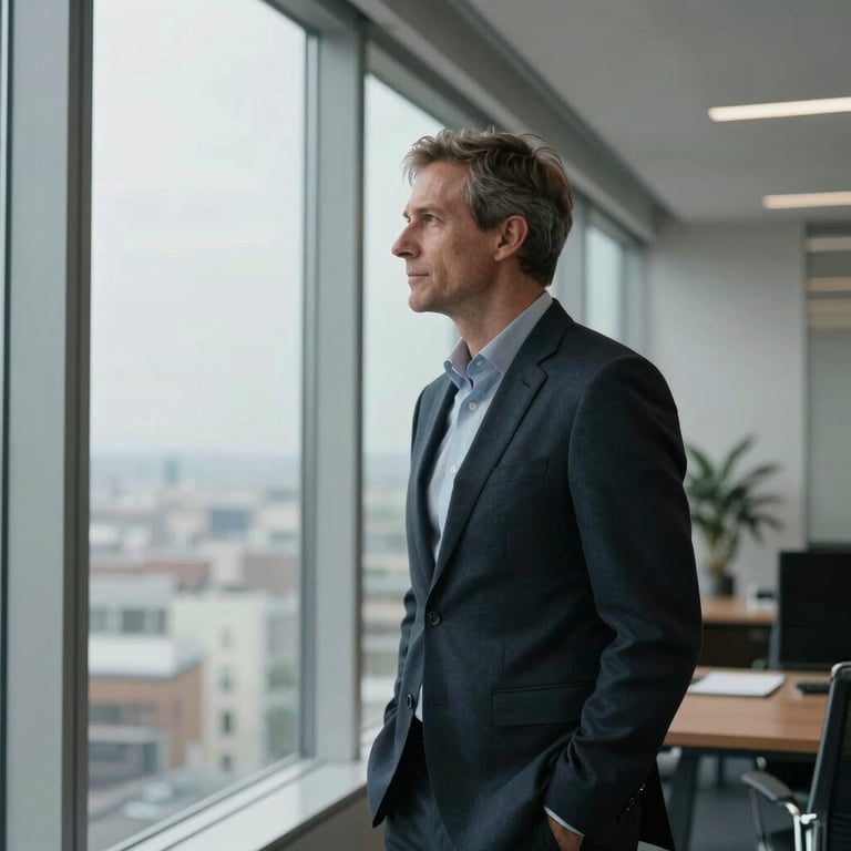 A focused professional strategist looking out a large window in a sophisticated, minimalist office.