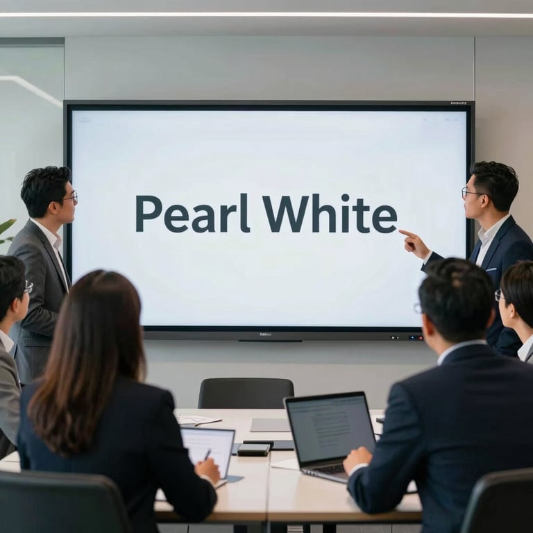 A group of Hispanic professionals in a collaborative brainstorming session using a large interactive digital screen in a Pearl White office.