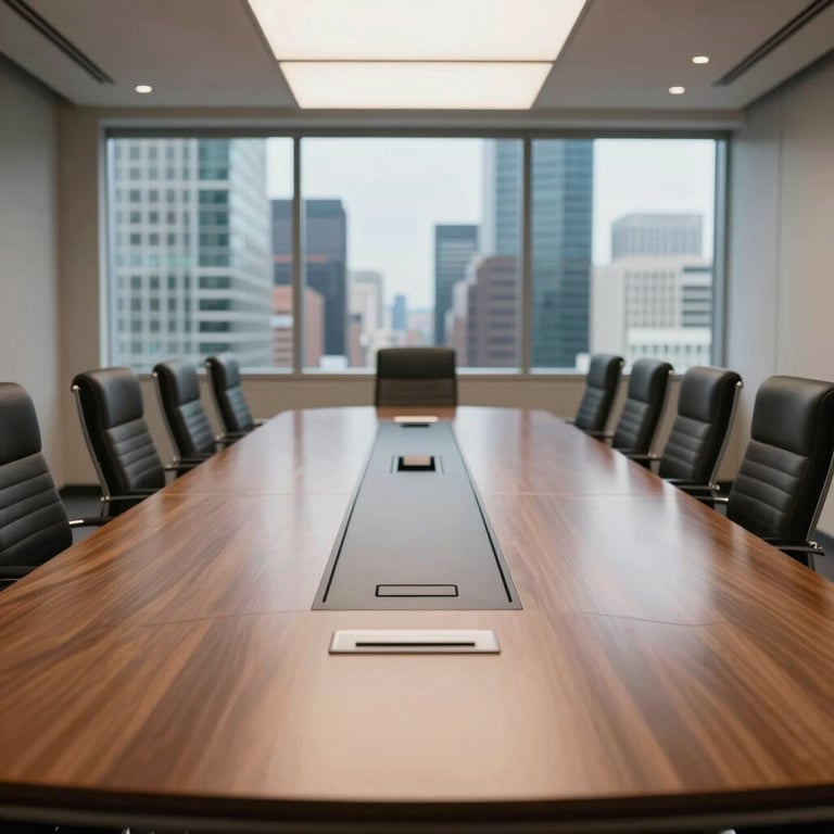 A wide shot of a professional boardroom with a long polished table and modern technology integrations in a Hispanic financial district.