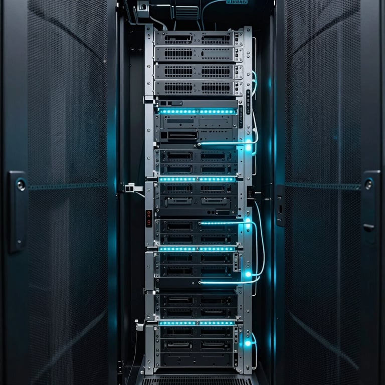 Internal view of a state-of-the-art server room with Teal Blue LED lighting and clean hardware arrangements.