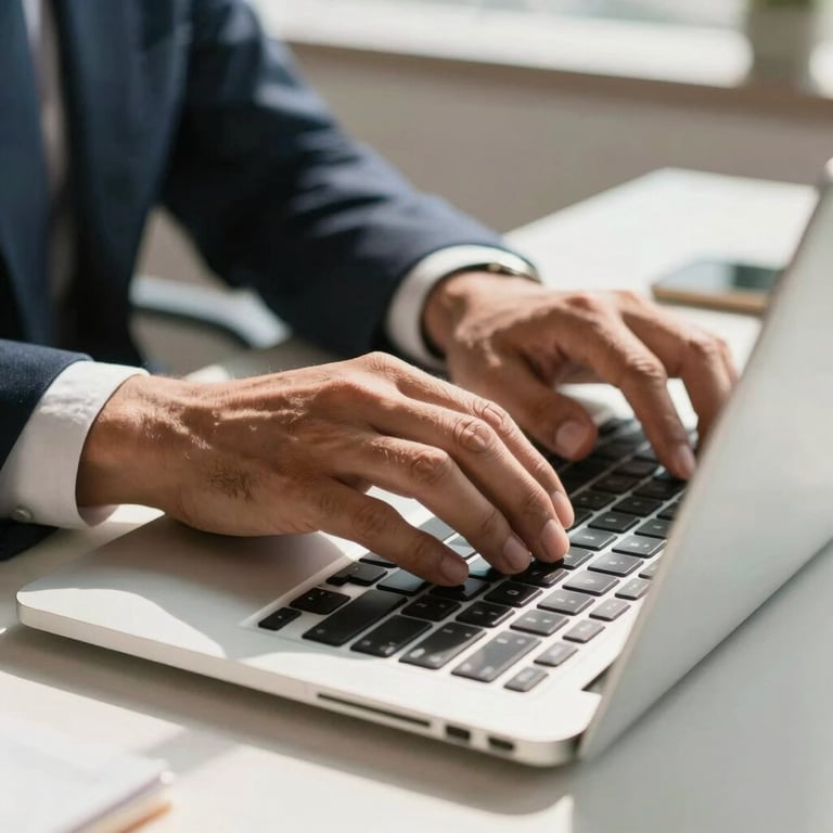 Close-up of a Hispanic business leader's hands typing on a premium aluminum laptop in a sunlit workspace.