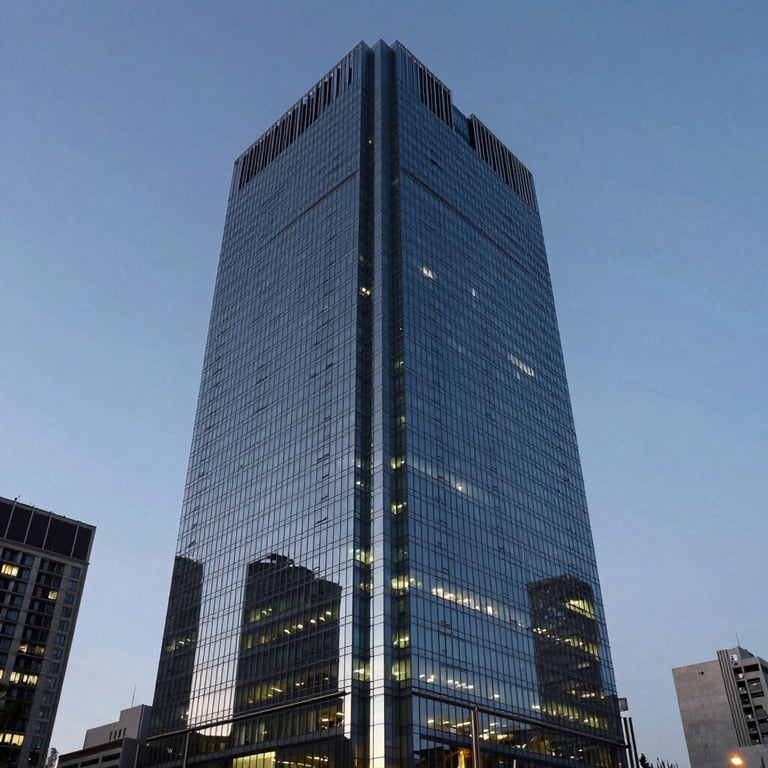 A modern architectural view of a corporate glass tower in a major Latin American city during the blue hour.