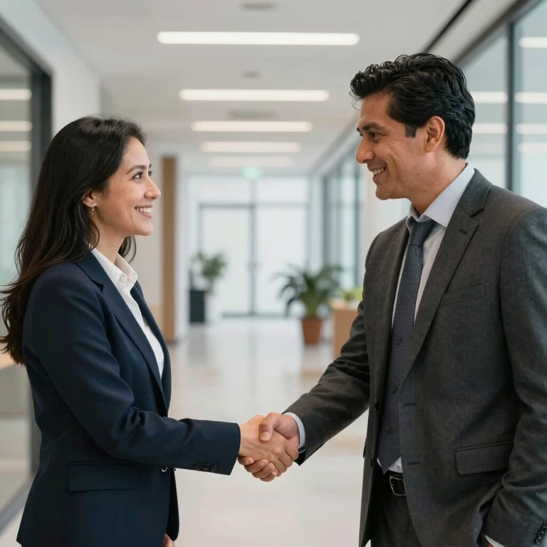 Two business colleagues of Hispanic descent shaking hands in a modern, bright office hallway, professional photography.