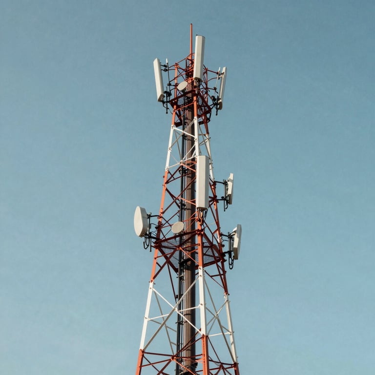 A low-angle shot of a communications tower reaching into a clear, Pale Cloud Blue sky, representing stable and reliable service infrastructure.