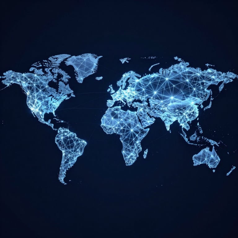 A wide shot of a glowing global network map with connecting lines in Steel Blue, set against a Deep Navy background, symbolizing worldwide connectivity.