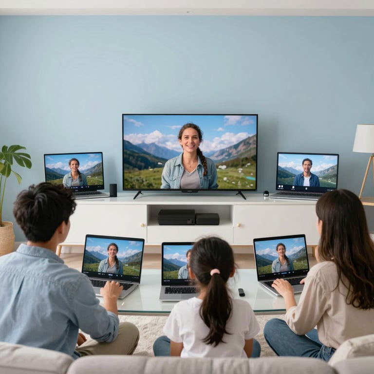 A family in a modern Global home effortlessly streaming high-definition content on multiple devices, smiling in a bright, Pale Cloud Blue lit room.