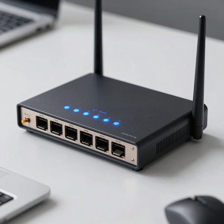 Close-up of a high-speed router with glowing Steel Blue indicators in a clean, minimalist professional workspace.
