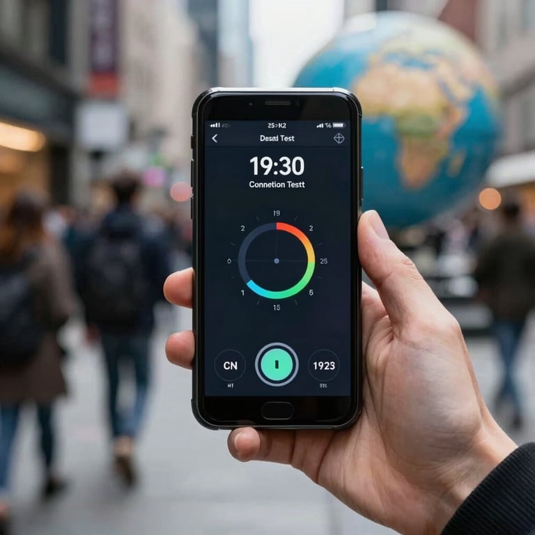 A sleek, hand-held mobile device displaying a fast connection speed test result, held by a person in a busy Global urban environment.