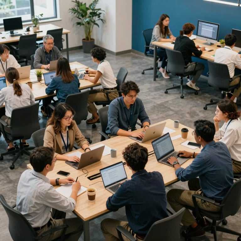 An overhead view of a diverse group of professionals collaborating in a Global co-working space, with modern tech tools and Ocean Blue decor.