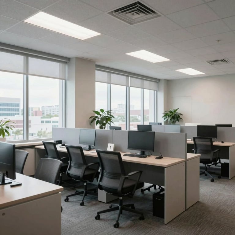 A wide-angle shot of a clean, organized North American corporate office environment during the day, featuring large windows and modern gray furniture, professional and supportive atmosphere.