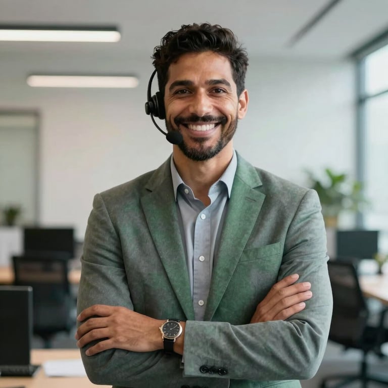 A portrait of a confident North American support professional standing in a modern office, smiling, dressed in professional business attire, slate gray and forest green color palette, bright lighting.