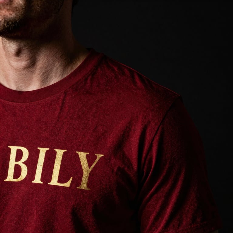 Atmospheric close-up of a man's shoulder wearing a dark crimson t-shirt with bold gold biblical lettering, dramatic side highlights, shadow