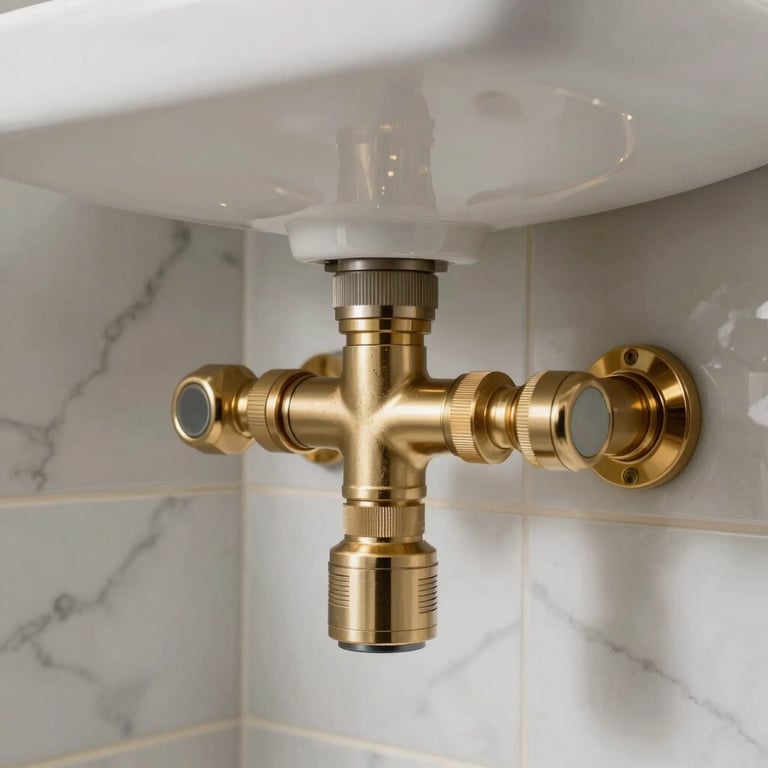 Close-up of professional plumbing installation in a high-end bathroom with white marble tiles and gold fixtures.