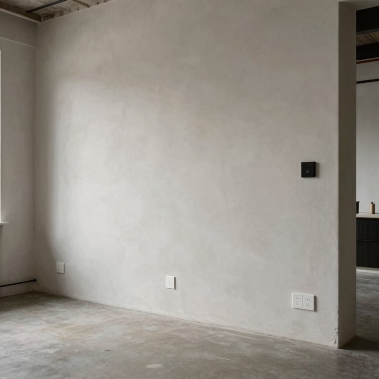 Interior view of a spacious loft with perfectly finished plaster walls and custom electrical fittings.