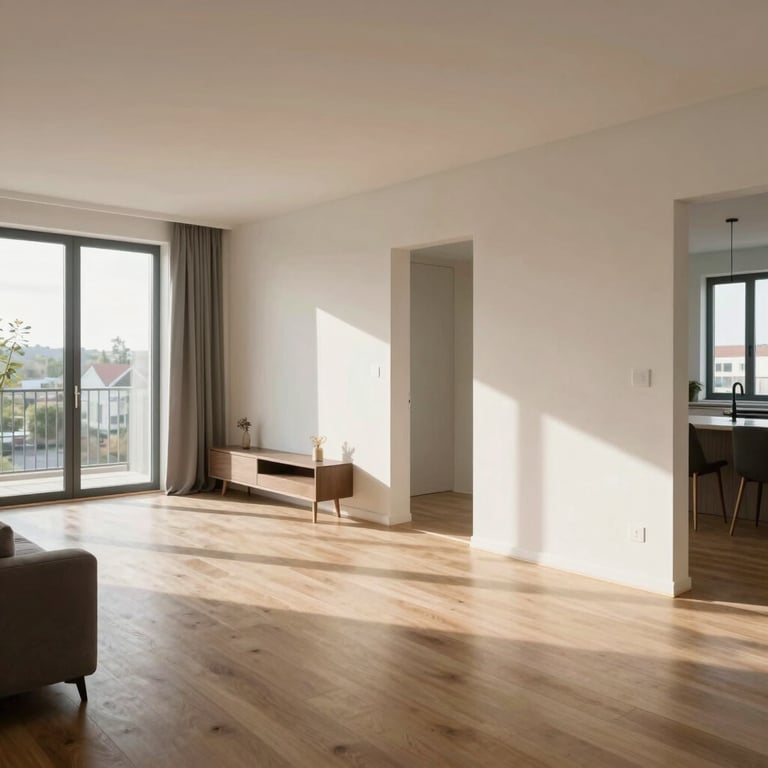 Wide shot of a completed premium residential apartment in Lithuania showing the seamless flow between rooms.