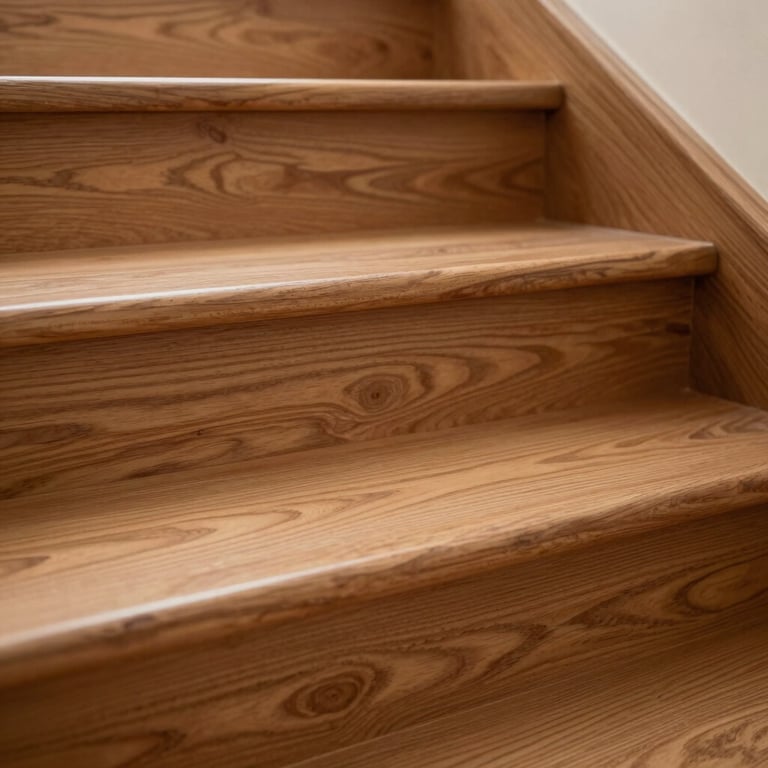 Detailed macro shot of high-quality wood grain on a newly installed designer staircase.