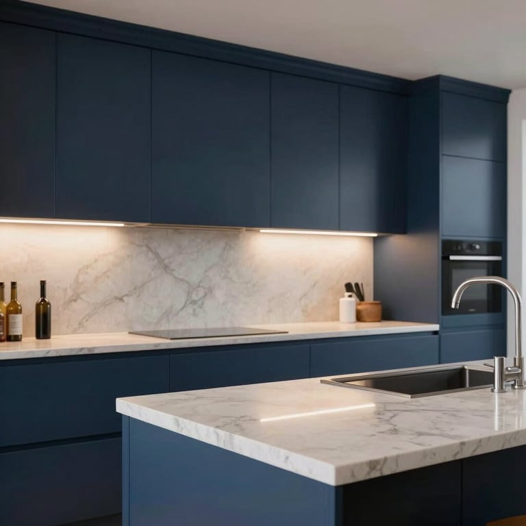A modern kitchen with navy blue cabinetry, integrated lighting, and premium stone countertops.