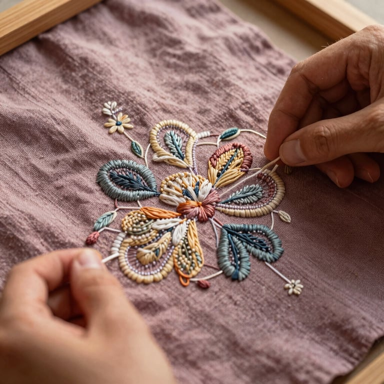 Close-up of intricate embroidery on dusty mauve linen fabric, hands gently holding the weave under warm golden hour light.