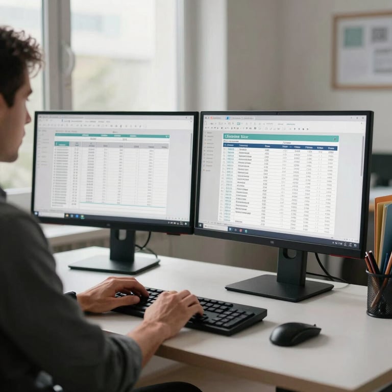 Medium shot of a professional at a clean desk in a window-lit home office, hands resting on keyboard, dual monitors showing spreadsheet and tax summary panels, organized folders visible to one side, neutral overhead lighting