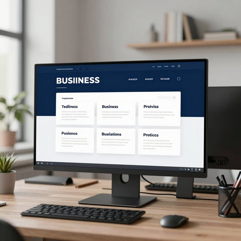 A sophisticated, modern home office setting with a wide-screen monitor showing business frameworks, using the brand colors #1A2E2F and #476A6B.