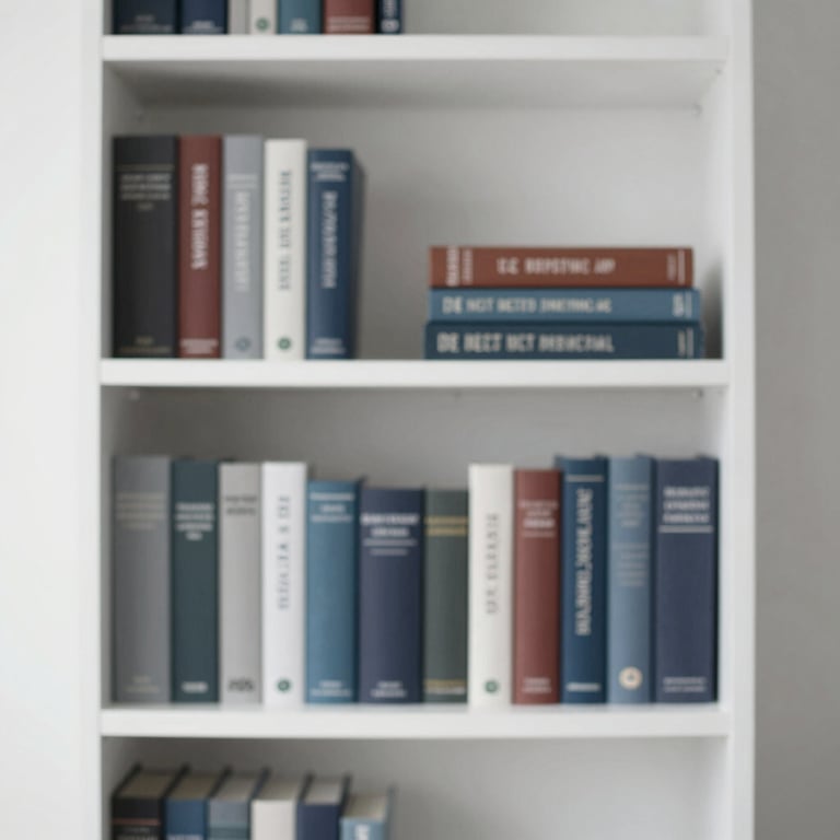 A clean, minimalist bookshelf with business and psychology books, signifying deep expertise and structure.