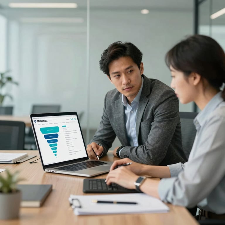 A professional, diverse team of two people in a glass-walled conference room, collaborating on a digital marketing funnel.