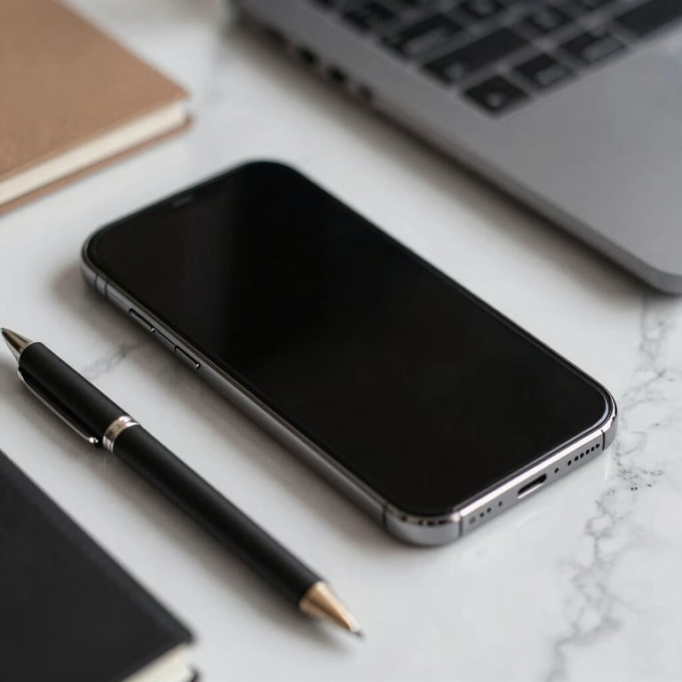 A close-up of high-quality stationery and a smartphone on a marble surface, suggesting a lifestyle of freedom and profit.