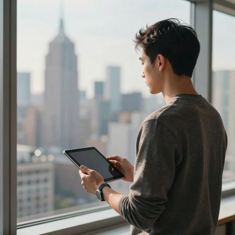 A bright, inspiring morning scene of a creator looking out a window at a city skyline, holding a tablet, representing vision and clarity.